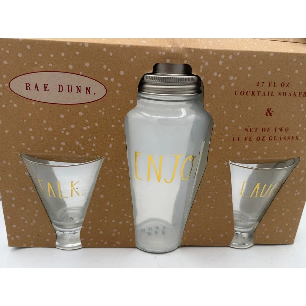 NIB Rae Dunn Enjoy Talk Laugh Clear Glass Cocktail Shaker Martini Glasses Set